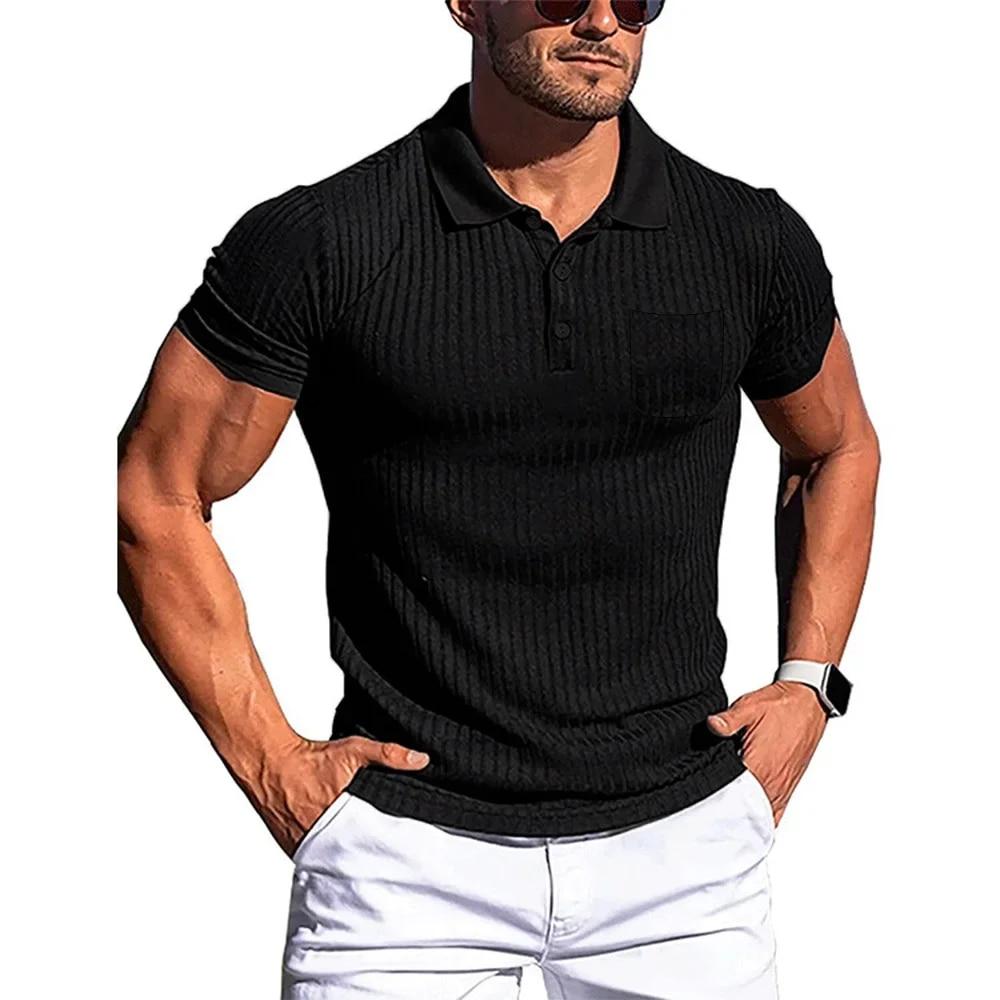 

Мужские повседневные футболки для спортзала, летние мужские футболки с воротником с лацканами и короткими рукавами, спортивные топы для бега, футболки, мужская одежда, уличная одежда EU L чёрный