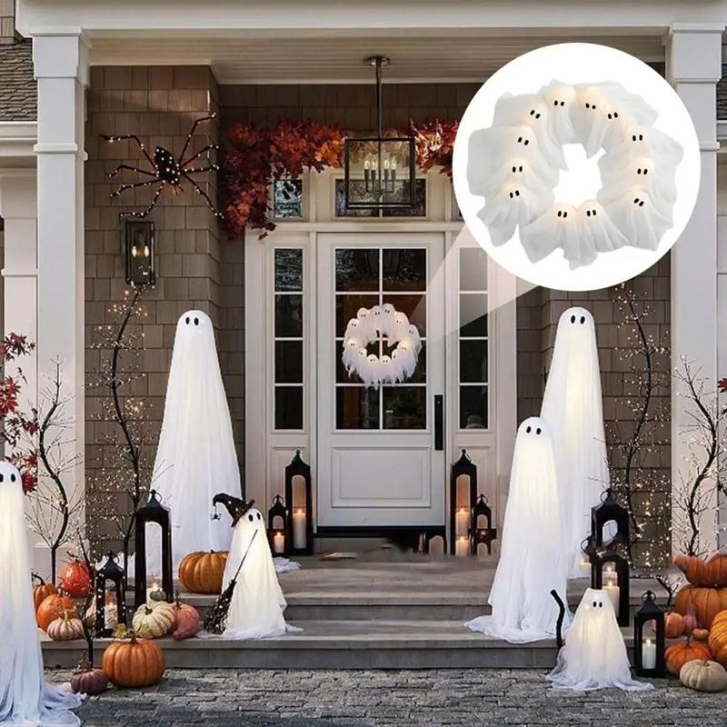 White Ghos T Design Halloween Ghos T Wreath Spooky Theme Light-Up Feature LED Light-Up Ghos T Garland Halloween Decor