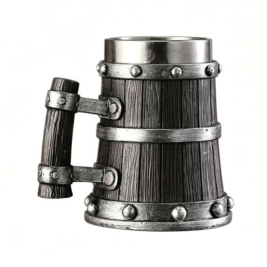 Wood Barrel Beer Mug, 600ml Stainless Steel Liner Stein, Rustic Tankard for Pub Home Bar Pub Party Gift