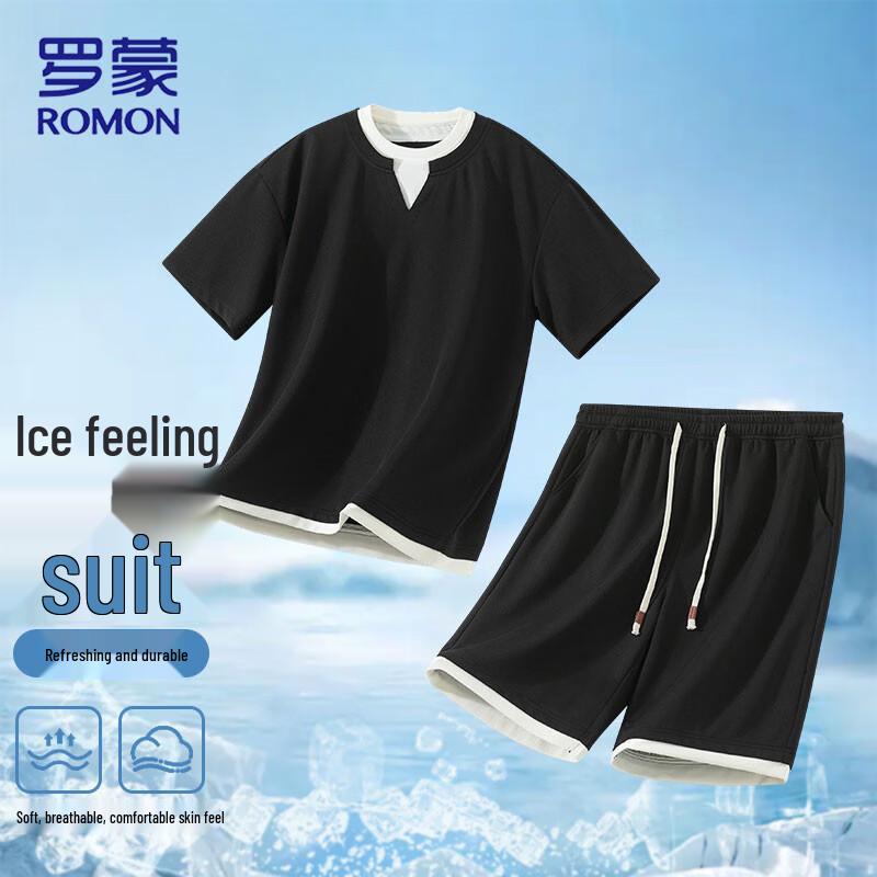ROMON Men s Ice-Cool Faux Two-Piece T-Shirt & Shorts Set 2XL