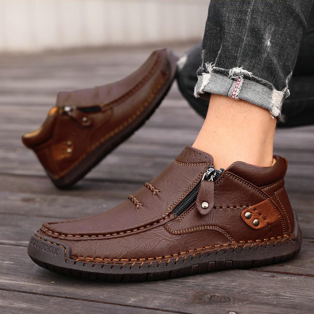 Classic Leather Men Boots Outdoor Zipper Design Men's Sneakers Slip On Breathable Casual Men's Shoes Leather Man Ankle Boots