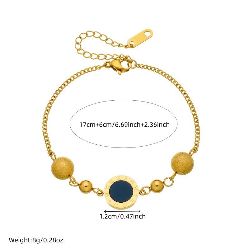 Gold Plated Roman Numeral Bead Bracelet, Dainty Adjustable Cable Chain with Black Onyx Charm for Women, Elegant Daily Jewelry