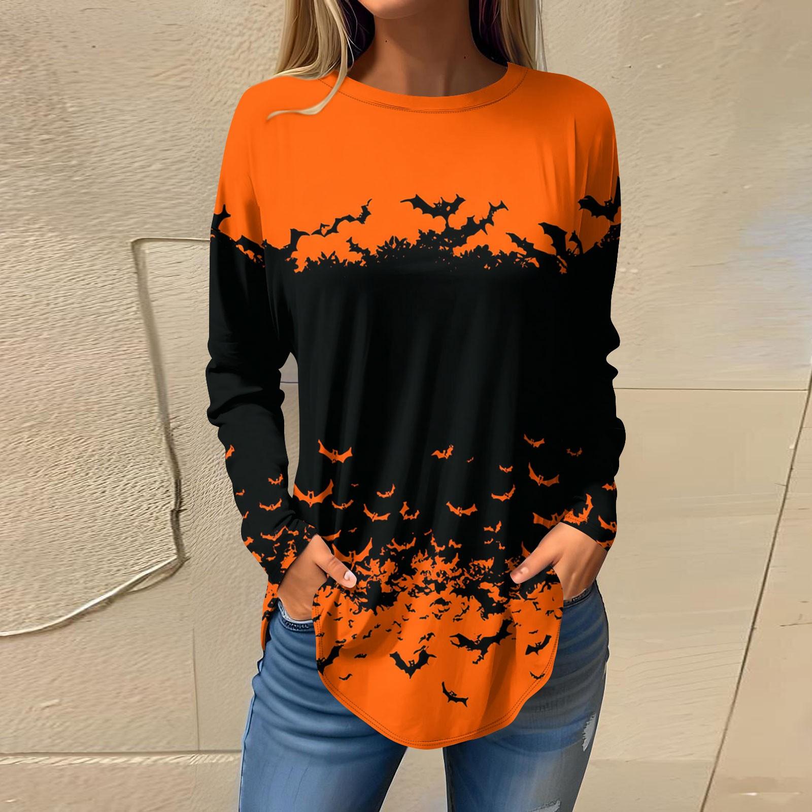 

Женская модная свободная футболка с круглым вырезом и принтом на Хэллоуин, с длинным рукавом, топ-пуловер L шафрановый
