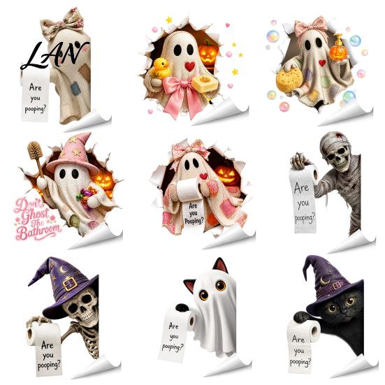 Spooky Bathroom Wall Decor Halloween Sticker, Cute Ghost Witch Cat Toilet Decal, Lifelike Art Skeleton Are You Pooping Sticker for Funny English Quote
