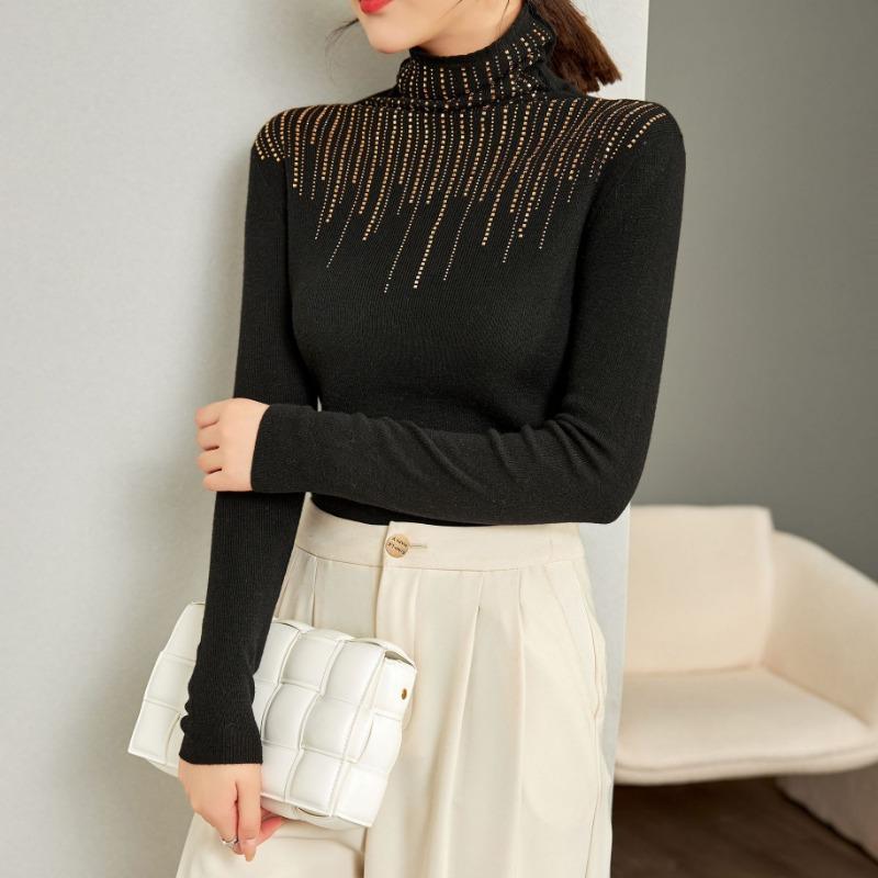 

Design Sense Striped Drilled Silk Wool Bottom Shirt Autumn Turtleneck Warm and Skinny Knitted Sweater Women s Sweater 115 чёрный