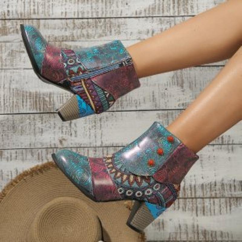 Autumn and winter new ethnic style color matching short boots printed thick heel retro handmade soft leather ankle boots