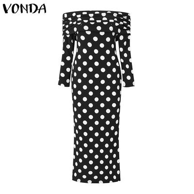 Vestito aderente da donna a pois con spalle scoperte e maniche lunghe