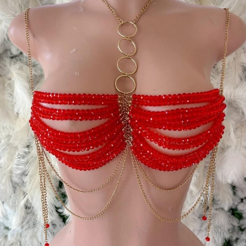 Fashionable Red Beaded Halter Neck Bra Chest Chain Body Jewelry Camisole Vest Crop Top for Women Beachwear Festivals