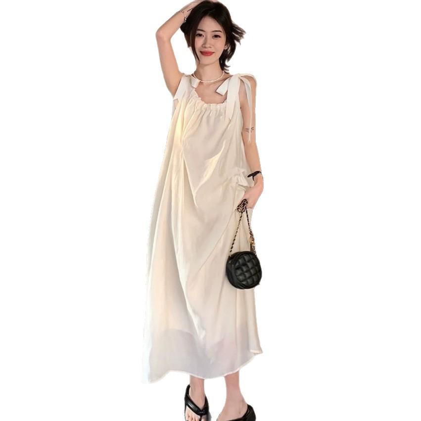 Fashion beige gentle wind lace-up suspender dress women's summer lined sweet loose backless A-shaped long dress