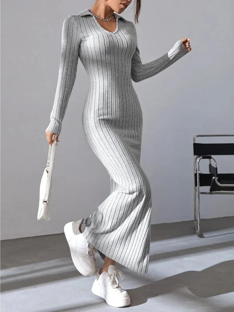 Women Sexy Knit V-neck Reverse Neck Split Dress Autumn Winter Full Sleeve Elastic Basic Body Sweater
