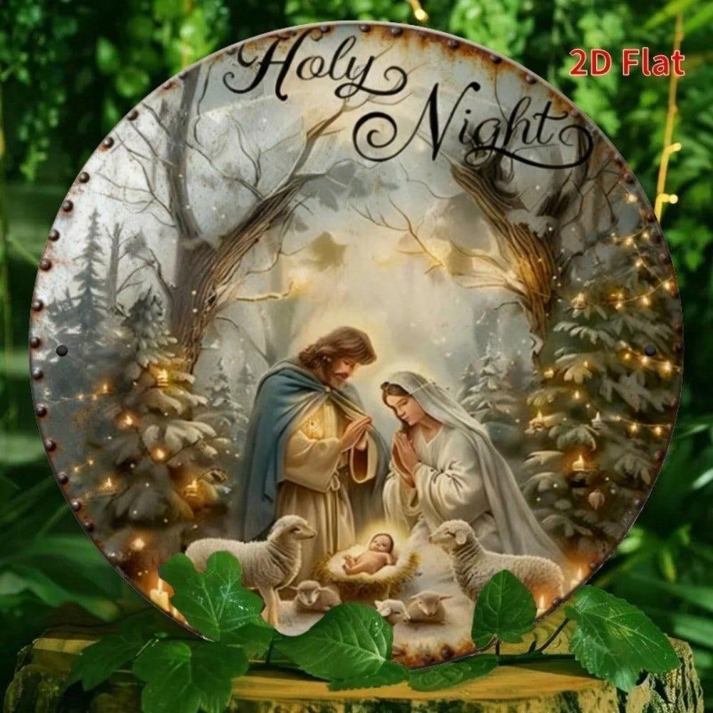 Vintage Catholic Nativity Scene Tin Sign 8 Inch Religious Wall Art Aluminum Metal Decor Indoor Outdoor Home Christmas Round