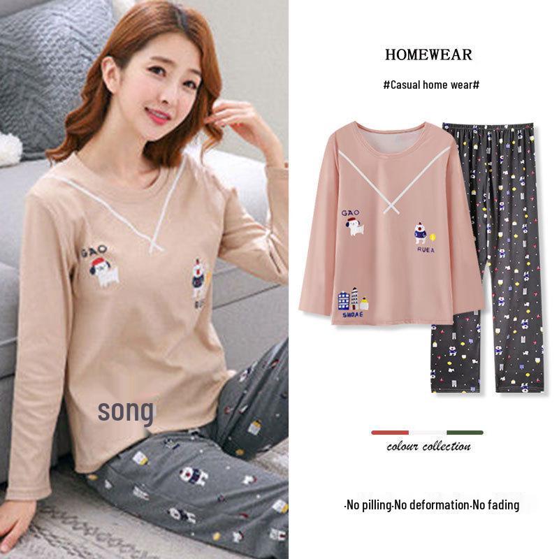 Women's Korean Style Pajama Set: Long Sleeve, Round Neck, Cute Cartoon Print, Comfortable for Spring & Autumn