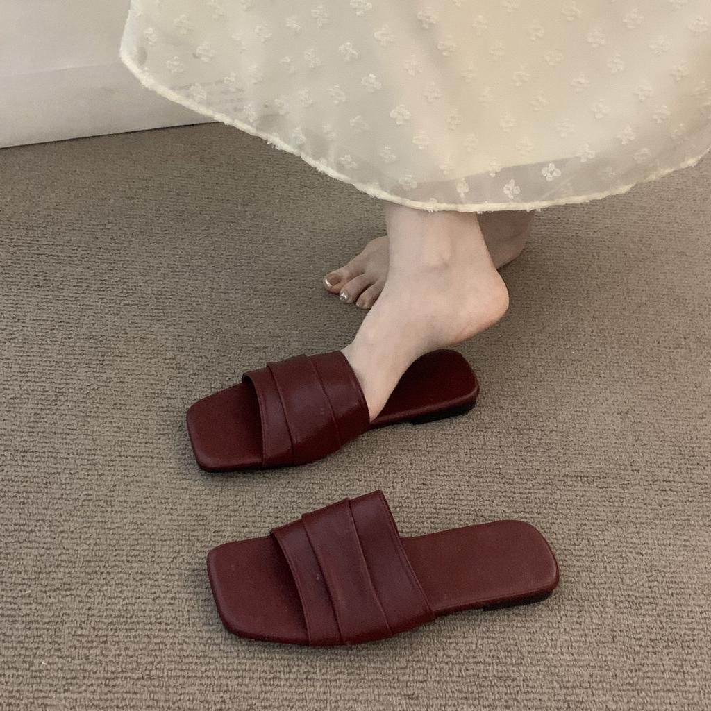 French evening red one-word slippers women's shoes wear 2025 summer vacation beach with skirt sandals