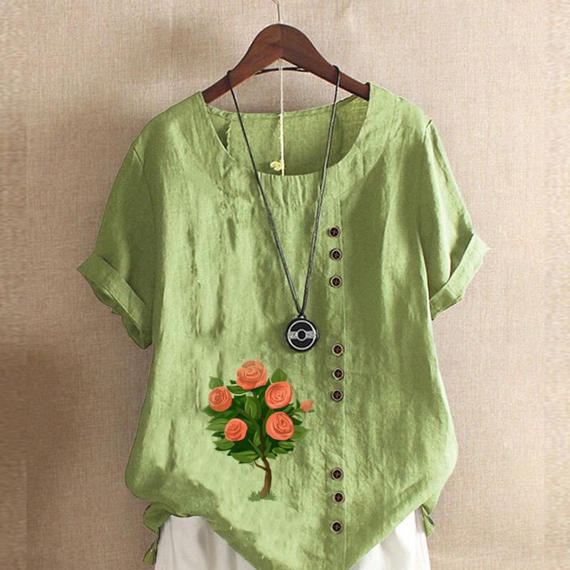 Dámská móda Tričko s kulatým výstřihem Krátký rukáv Pro volný čas Bavlna Povlečení Grafika Košile Volný čas Volné květy Letní halenka s potiskem Topy