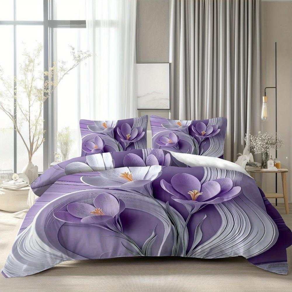 3pcs Bedding Set Purple Flowers 3D Printed Cozy Soft Duvet Cover King Queen Twin Size Birthday Gift for Adult Home Bedroom Decor