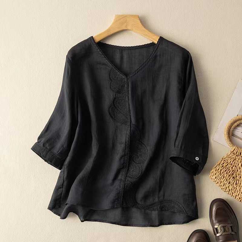 Women 3/4 Sleeve Embroidered Linen Blouse Retro Japanese Loose Cotton Linen Shirt Spring Summer Top