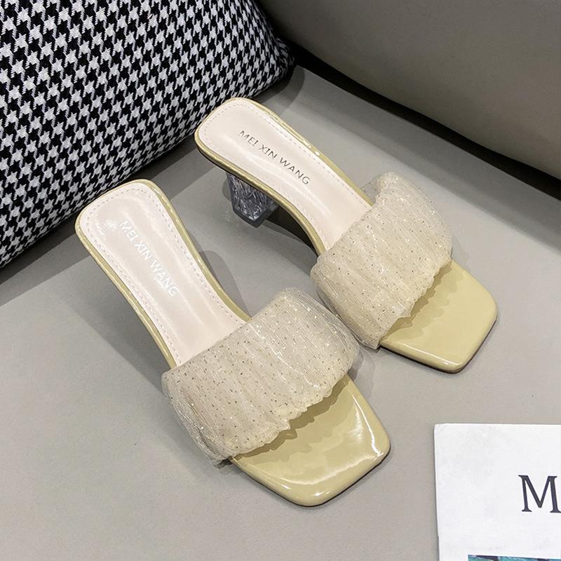 Transparent high-heeled temperament sandals women's summer new outer wear crystal thick-heeled sandals versatile one-word slippers