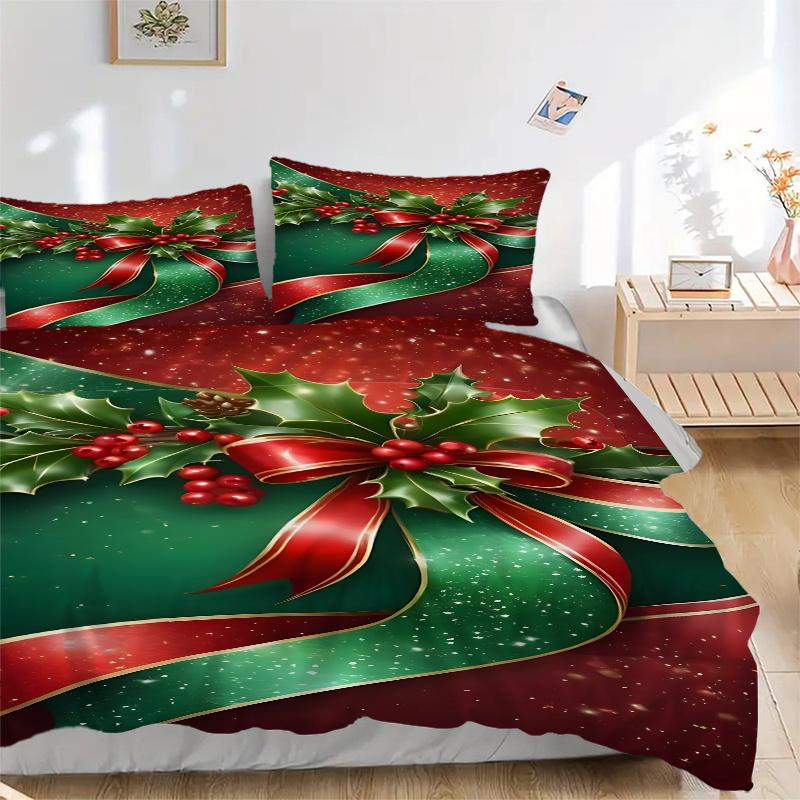 

3pc Christmas Holly Berry Ribbon Bow Home Decorative Bedding Set-Festive Gift for Fans,Travelers & Daily Use 1288a 135x200cm