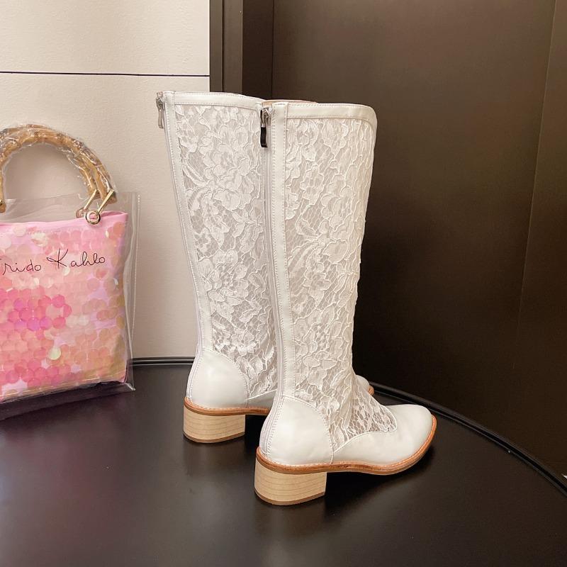 2025 Women's Fashion Boots Pointed Toe Square Heel Lace Mesh Hollow High Tube Boots Fashion Grace Summer Breathable Summer Boots