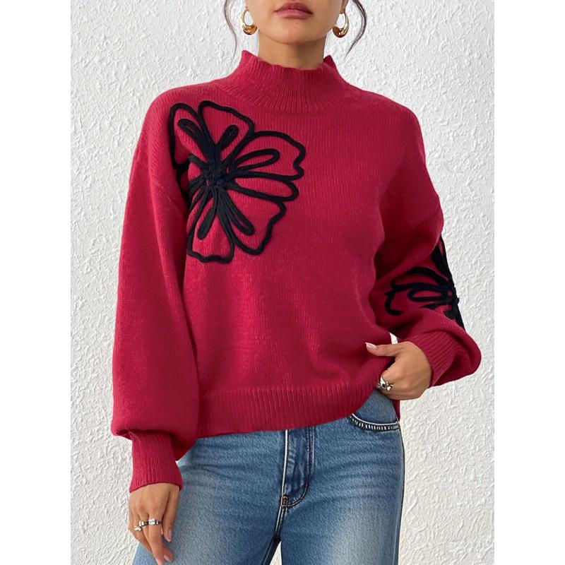 Женский осенне-зимний топ с объемной вышивкой лентами в виде цветов полувысоким воротником и рукавами-фонариками пуловер-свитер XL 2579₽