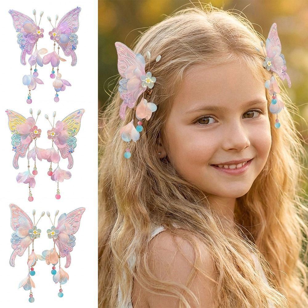 2pcs/set Extra Large Butterfly Hairpin Flower Shake Tassels Floral Hair Clips Silk Hanfu Headdress Hair Accessories
