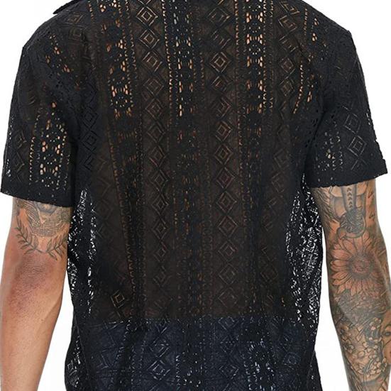 Men Summer Shirt Solid Color Hollow Out Lapel Short Sleeves Single-breasted Daily Wear Loose Breathable Men T-shirt Men Clothes