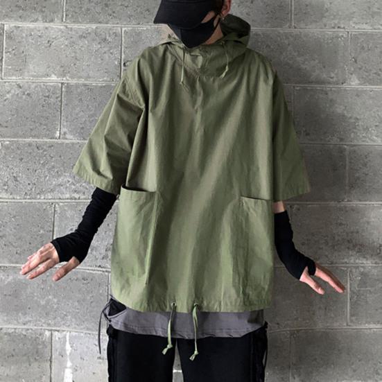 Hooded Half Sleeve Pullover Top Soft Large Pockets Loose Men T-shirt Streetwear