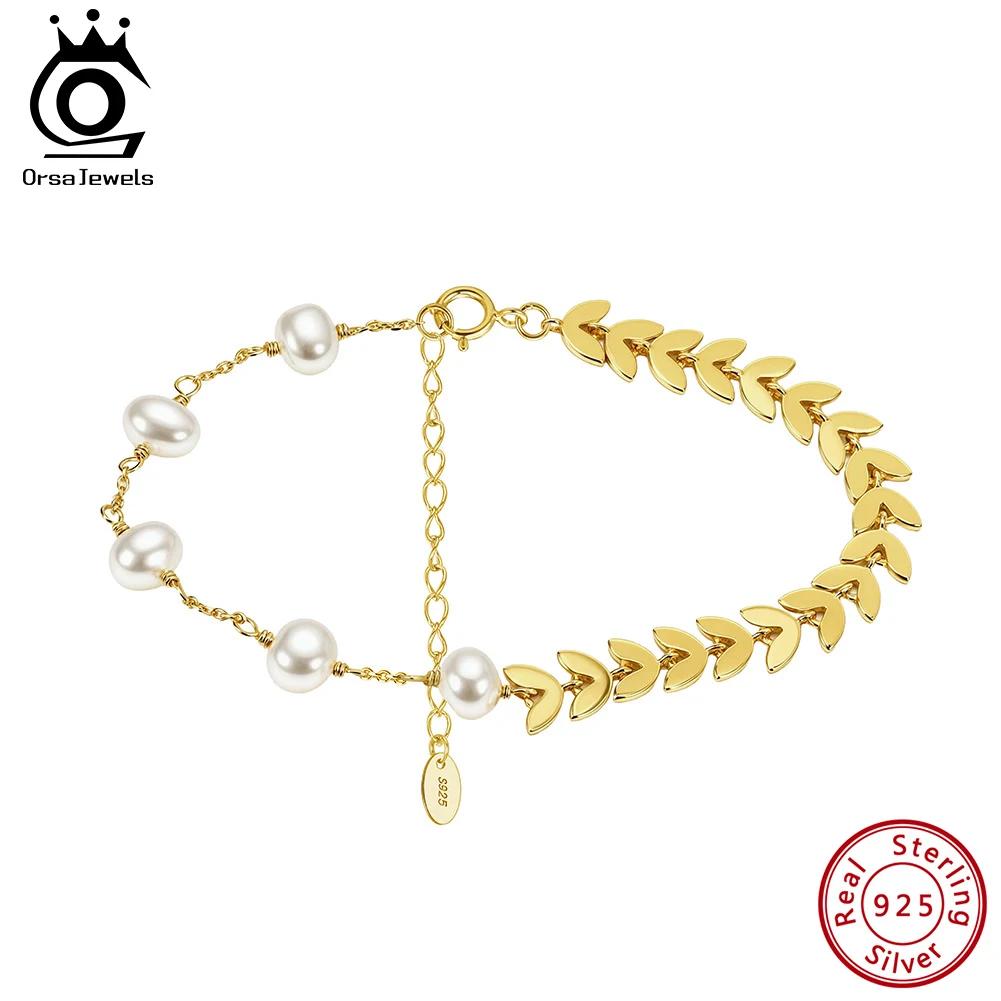 ORSA JEWELS 925 Sterling Silver Vintage Chunky FishBone Link Chain Bracelet with Pearl for Women Girls Fashion Jewelry GPB45