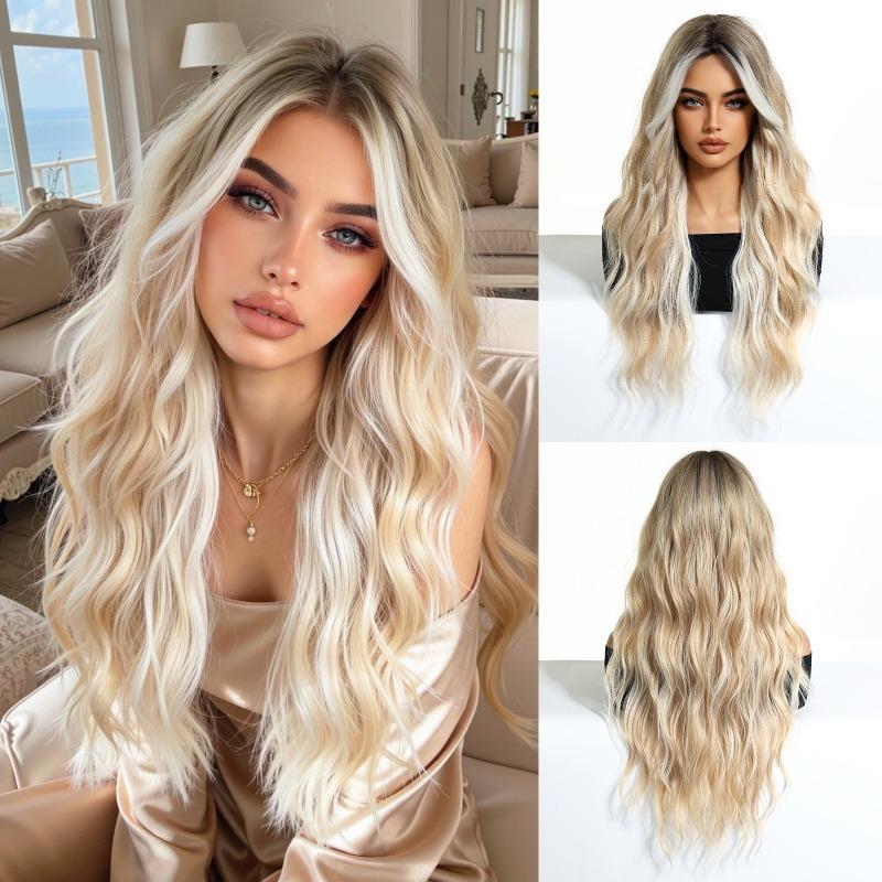 Hot-selling gradual change blond wig long curly hair chemical fiber hair high temperature silk female full headgear wigs factory spot