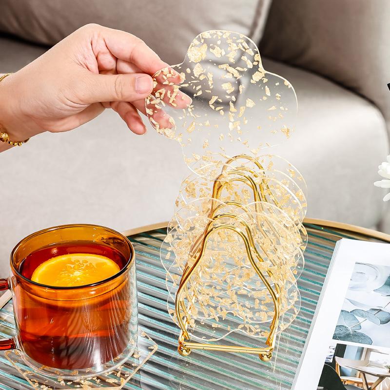 Acrylic Gold Foil Coaster Heat Insulation Table Mat Anti Skid Cup Holder Milk Mug Coffee Cup Place Mats Kitchen Table Decorative