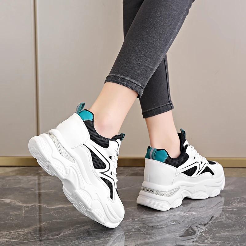 Fashion Women's Mixed Color High-heeled Sneakers Breathable Mesh Heightening Vulcanized Shoes Women's Lace-up Thick-soled Sneakers