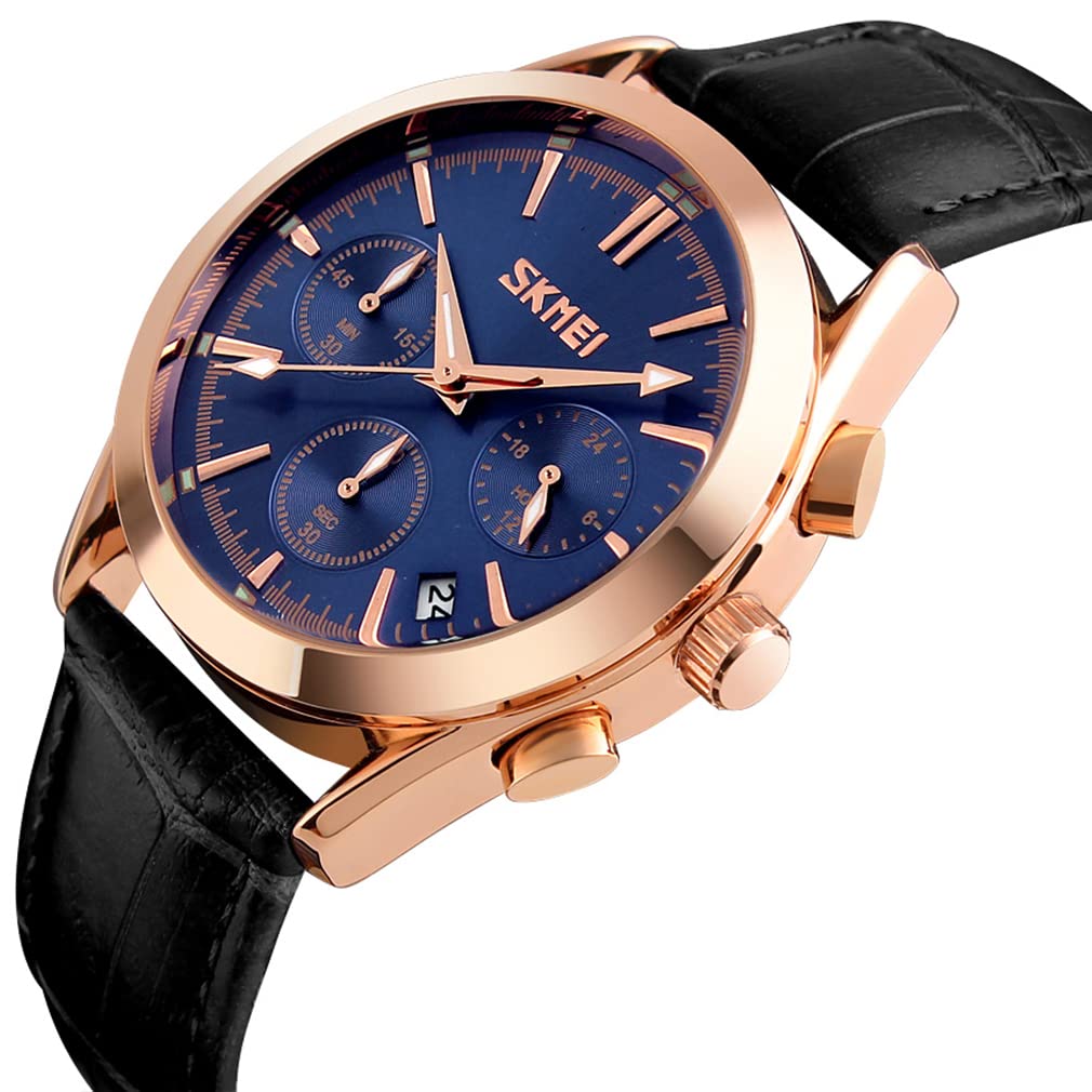 Watches for Men Black Leather Strap Arm Watch Chronograph Waterproof Brand Analog Business Stylish Casual Luminous Watch Luxury Gift Blue Watches for