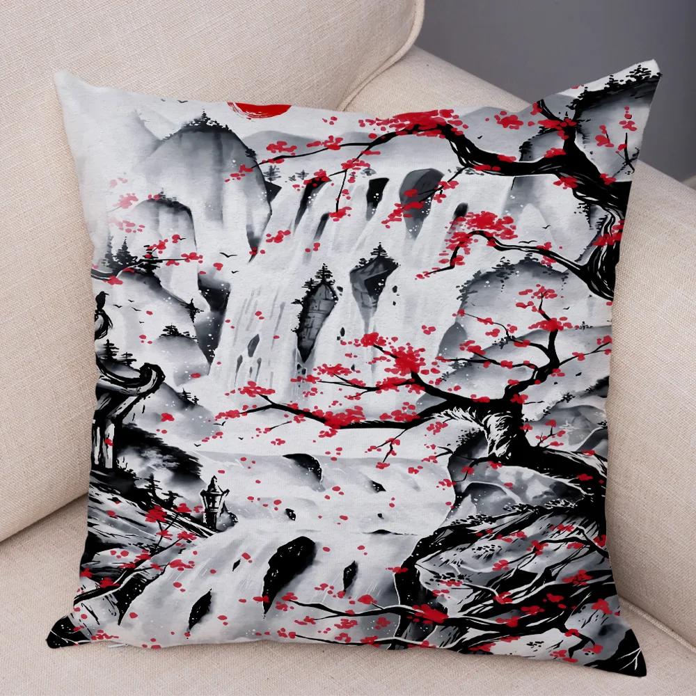 Japan Style Ink Cushion Cover for Sofa Home Double Print Decor Beautiful Scenery Warrior Girl Pillowcase Soft Plush Pillow Case