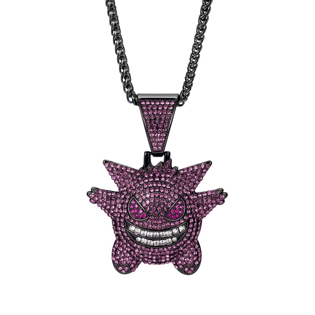 Přehnaný hip-hopový náhrdelník s přívěskem Gengar: Slitinový kreslený řetízek na svetr s plnými diamanty