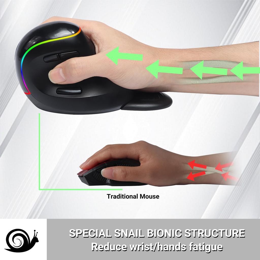 Vertical Mouse, Wireless, Ergonomic, 2.4Ghz USB Wireless Optical Gaming Mouse, Large, Large Size, High Sensitivity, Rechargeable, RGB Light, 7