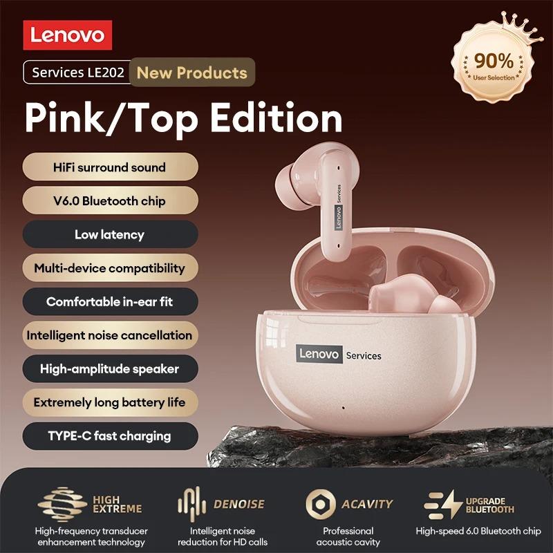Original Lenovo LE202 Wireless Bluetooth 6.0 Earphones AI Call Noise Cancellation Sound Quality Headphone Long Battery Life Earbuds