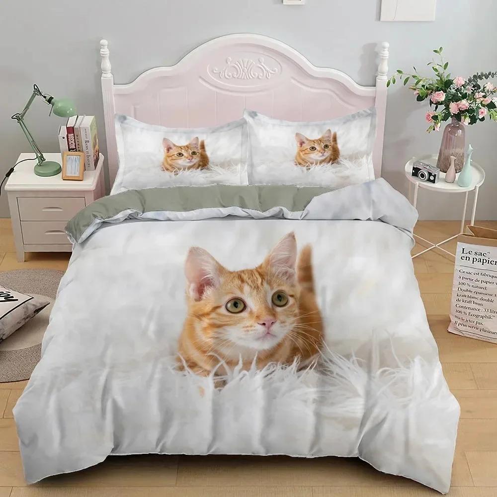 3D Bedding Sets Red Duvet Quilt Cover Set Comforter Bed Linen Pillowcase King Queen 210x210cm Size Pet Cat Design for Boys Girls