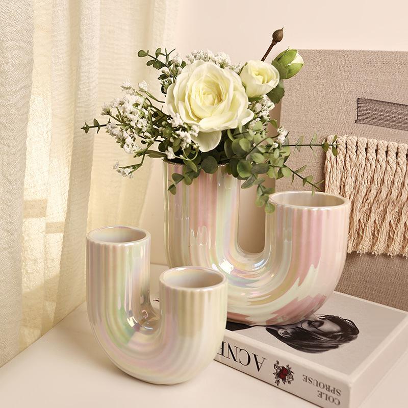 

Graded Ceramic Vase Bent Pipe Flower Arrangement Flower Vase Striped Geometric Ornaments Home Decoration Accessories Flowerpot