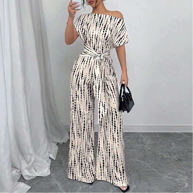 Women Off Shoulder Abstract Print Belted Wide Leg Elegant Jumpsuit