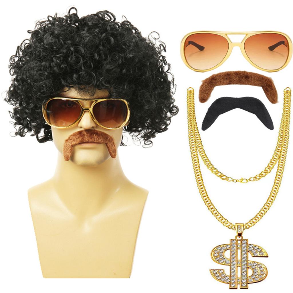 Men Rock Party Wig Costume Set Sunglasses Necklace Chain Ring Wigs for Halloween Men Costume