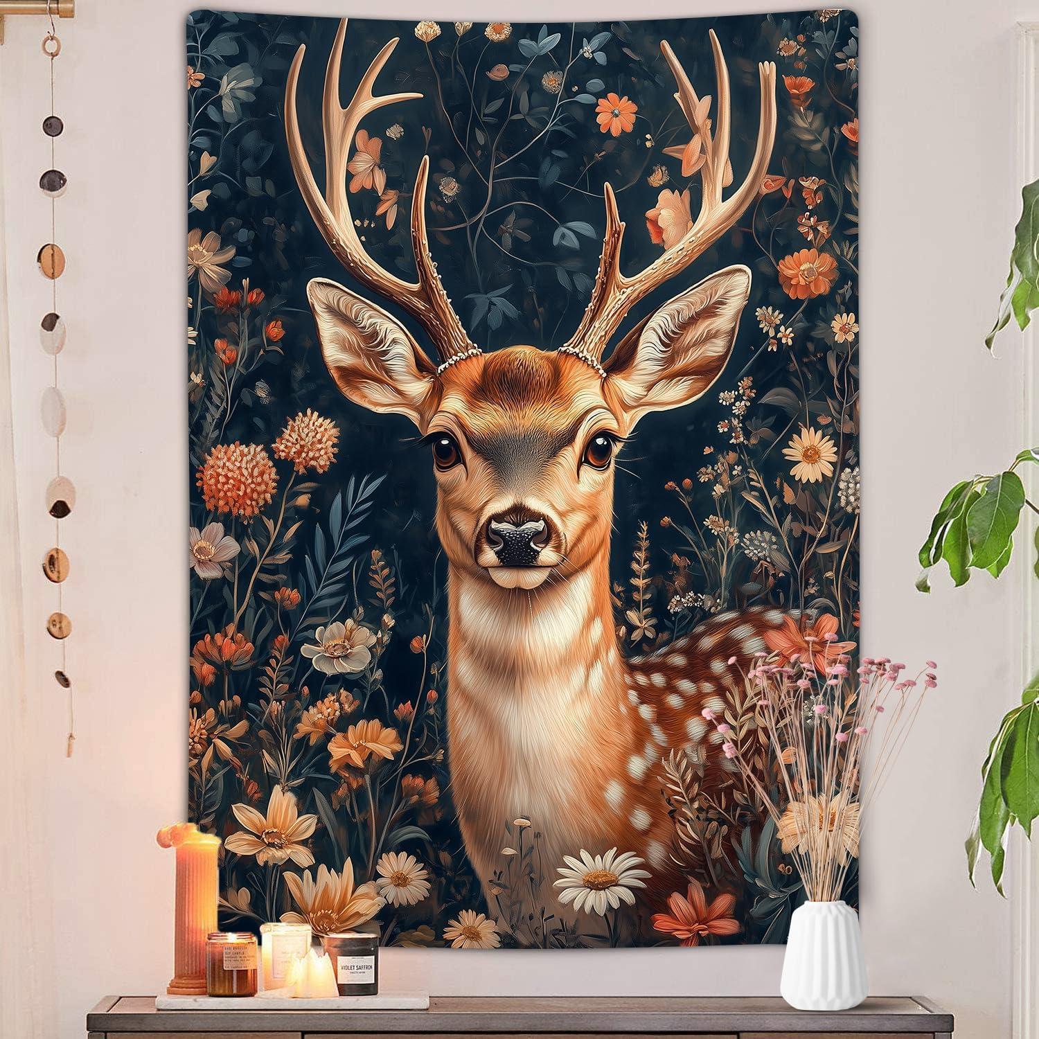Boho aesthetic deer tapestry vertical retro 75x100