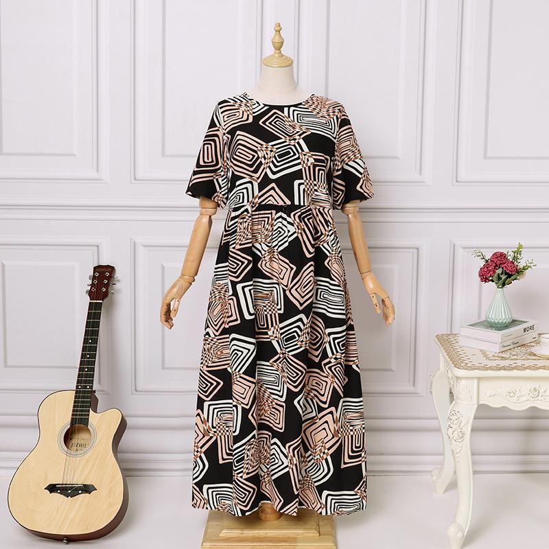 Frauen O-Ausschnitt Kurzarm Sommer geometrisch bedrucktes loses langes Kleid
