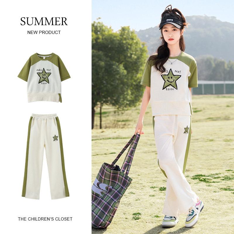 Summer Big Children's Casual Suit Knitted Short-sleeved Girls' Pants Suit
