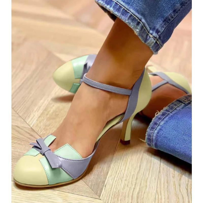 Fashion Luxury Designer Sweet Female Pumps Round Toe Small Heels 6cm Buckle Strap Bowknot Mixed Color Plus Size 43 Spring Dating Shoes