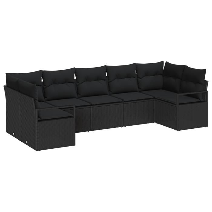 Ensemble de canapé de jardin 7 pièces avec coussins en poly rattan noir, Canapé de jardin 2 places avec coussins en poly 3346533