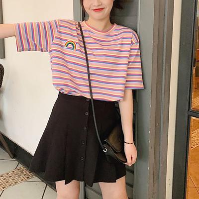 New Summer Korean Style Rainbow Striped Casual Loose Versatile Short-sleeved T-shirt Women's Hong Kong Style Top