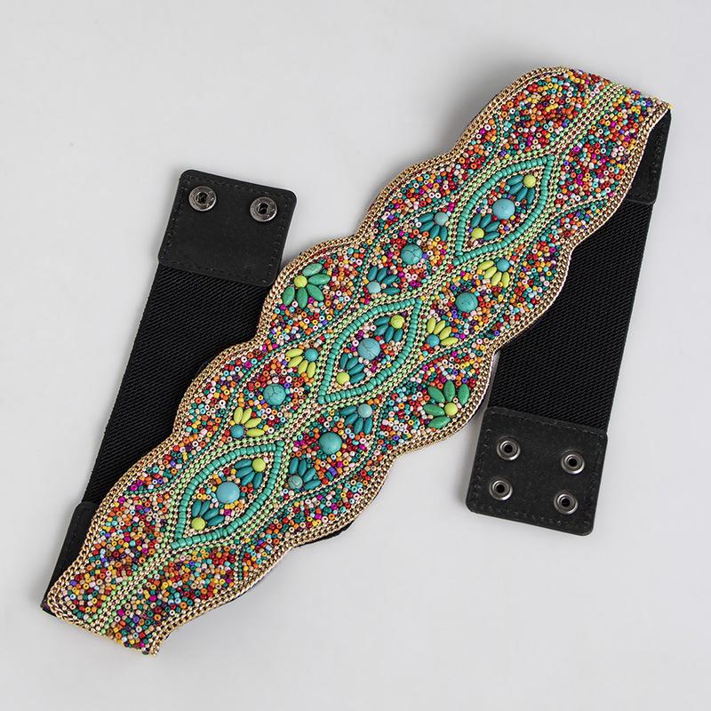 A New Wide Belt for Women, A Handmade Bohemian-style Elastic Wide Waist Seal with Ethnic Style Heavy Industry Rice Beads