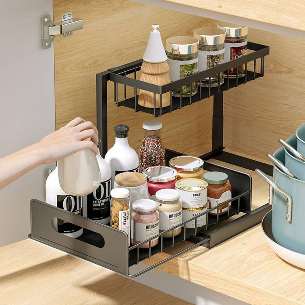 2 Tiers Pull Out Under Sink Storage Rack Black Metal Detachable Kitchen Cabinet Drawer Organiser Shelf Spice Rack Free-standing