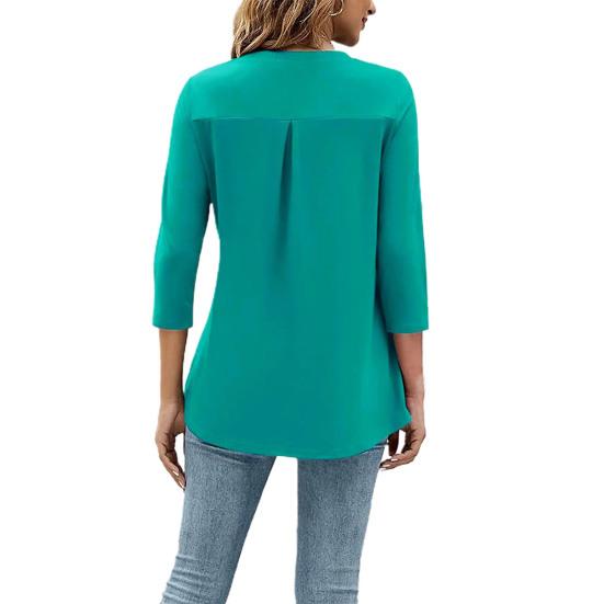 Tricou de damă cu gât în V, mâneci 3/4, croială lejeră, respirabil, culoare uni, cu pliuri, lungime medie, topuri pentru purtare zilnică