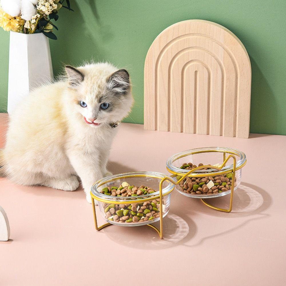 New Double Glass Bowl Glass Cat Dog Bowl with Iron Frame Gold Stand Raised Water Feeder Bowl Puppy Food Bowl Cat and Dog
